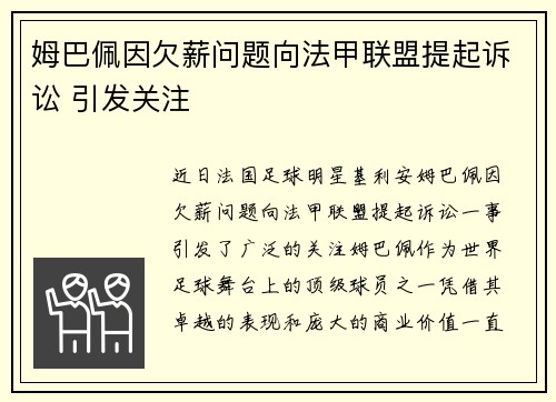 姆巴佩因欠薪问题向法甲联盟提起诉讼 引发关注